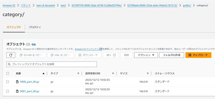 testフォルダ以外存在していませんでしたが、新しいフォルダが作成され、各テーブルのデータがgz形式の圧縮ファイルで保存されている