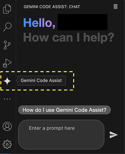 アクティビティバーで「Gemini（ダイヤのマーク）」をクリックしチャット画面を展開