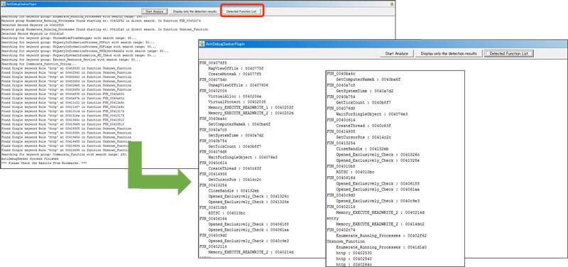 Detected Function Listボタンのクリック時の結果（例）