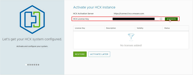 「Activate your HCX instance」画面