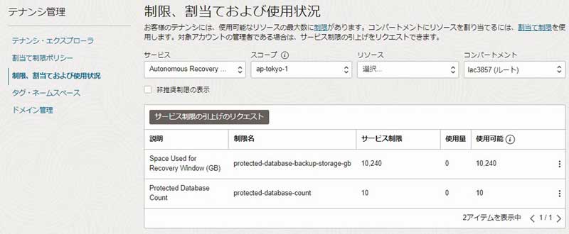 テナンシ管理の「制限、割当ておよび使用状況」画面