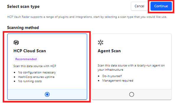 Select scan type画面。「HCP Cloud Scan」を選択して「Continue」をクリック