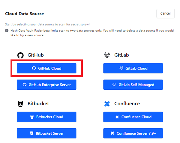 Cloud Date Source画面。「GitHub Cloud」をクリック。