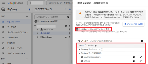 「継承されたロールをテーブルに表示」のチェックを外し、リソースに対して個別で設定されたアクセス許可のみを表示