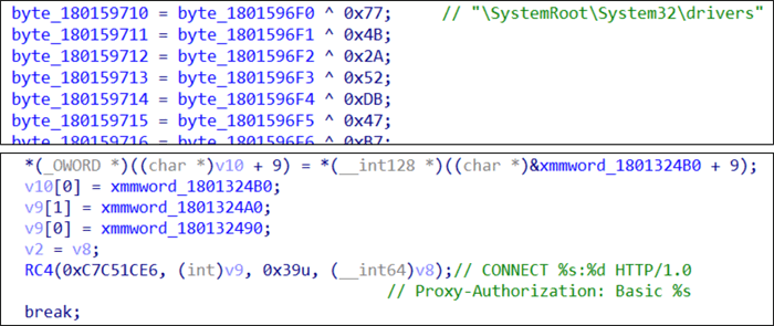 Winnti RATの文字列の難読化（上：XOR／下：RC4）