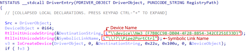Winnti Rootkit Installer（amonitor.sys）のデバイス名とシンボリックリンク名の定義箇所