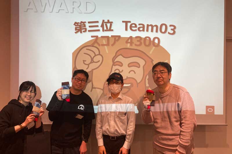 入賞景品のキャップと靴下を手に記念撮影
