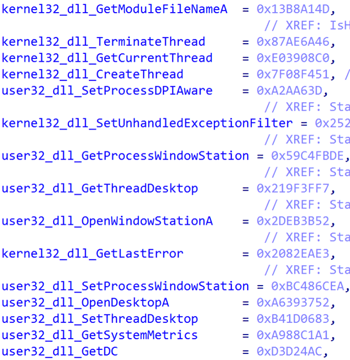 10FXRATに含まれるハッシュ値と対応するWindows API